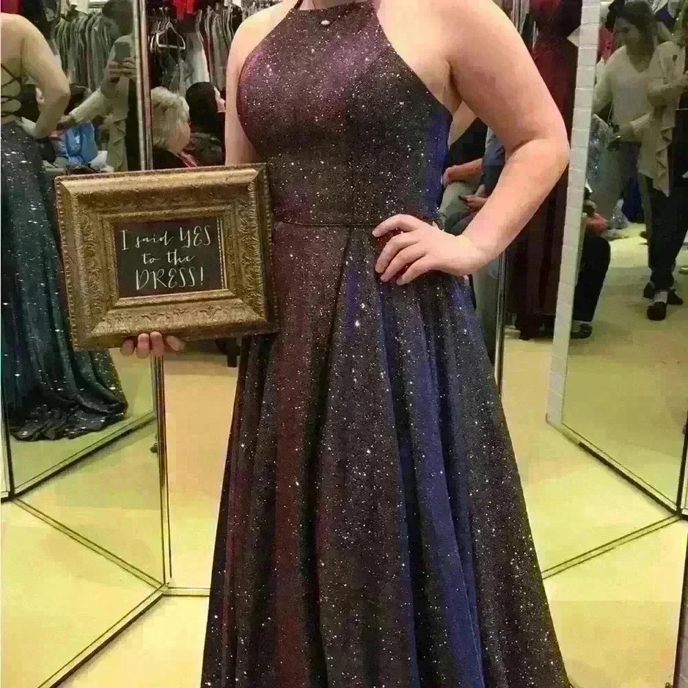 Prom Dress NWT Purple Silver Sparkle CorsetBack High Neck w/Pockets Women’s 10